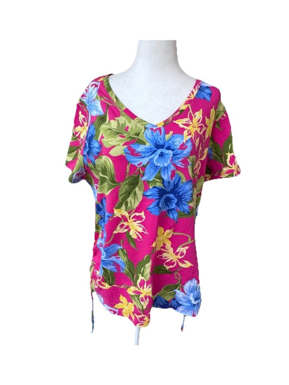 Caribbean Joe Top Womens XL Pink Colorful Floral T-Shirt Tropical Ruched Side